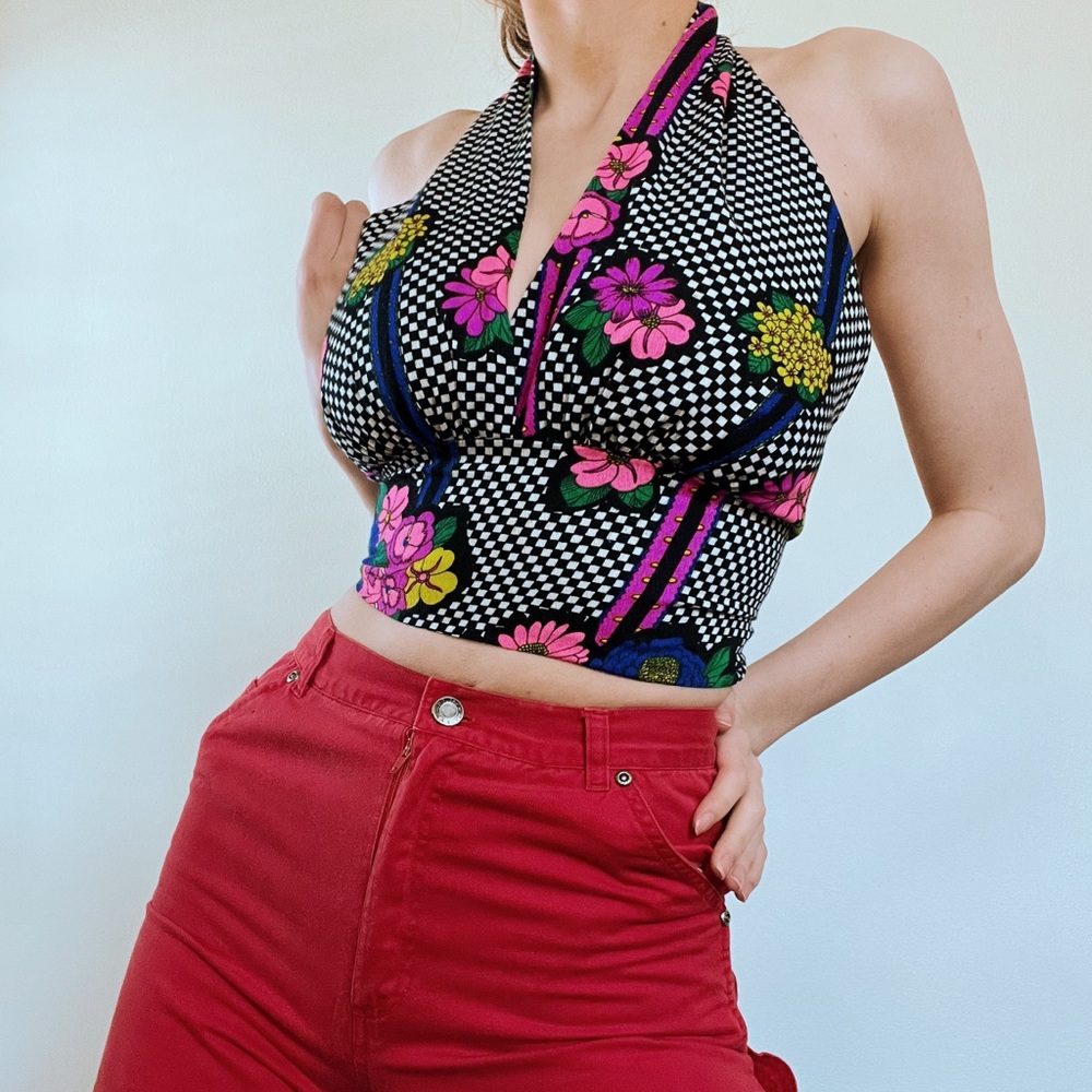 💥SOLD💥 RARE • 70s Authentic Greencastle Checkered Floral Tie Back Halter Top - Picture 1 of 5